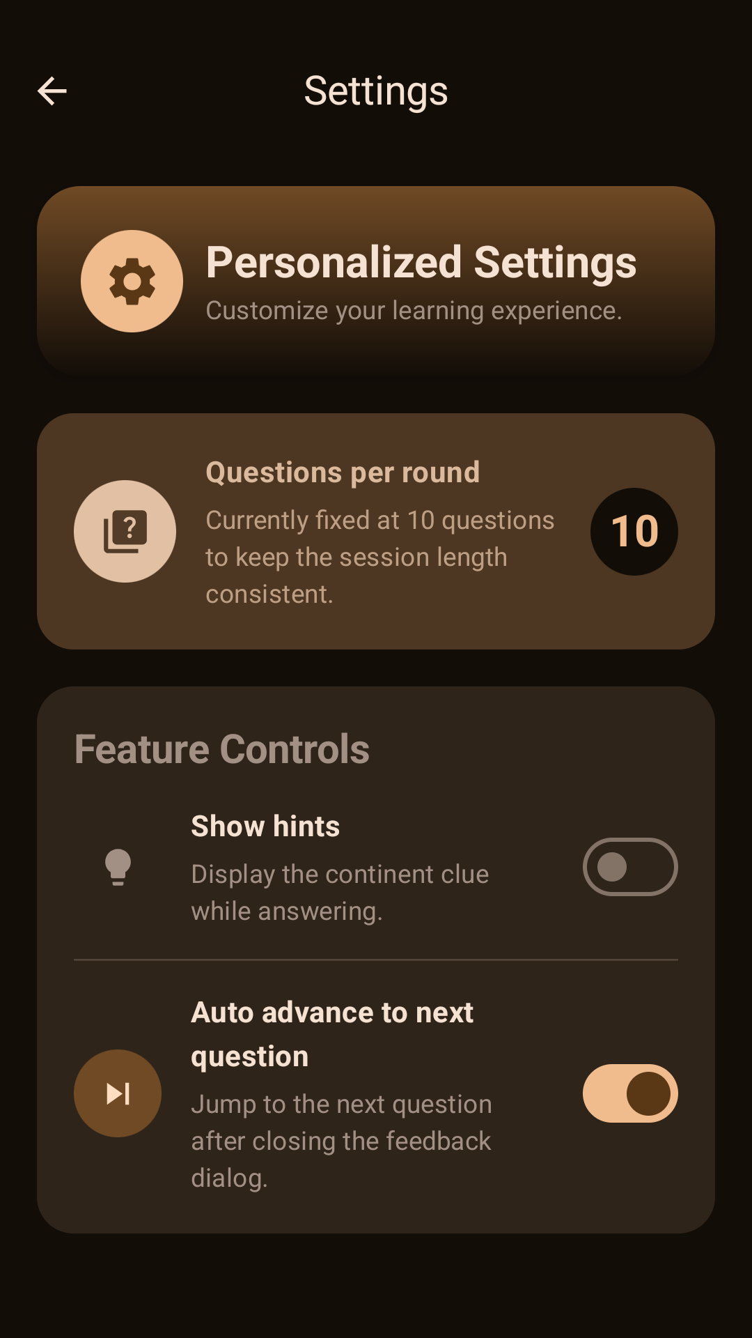 World Flags Quiz settings screen